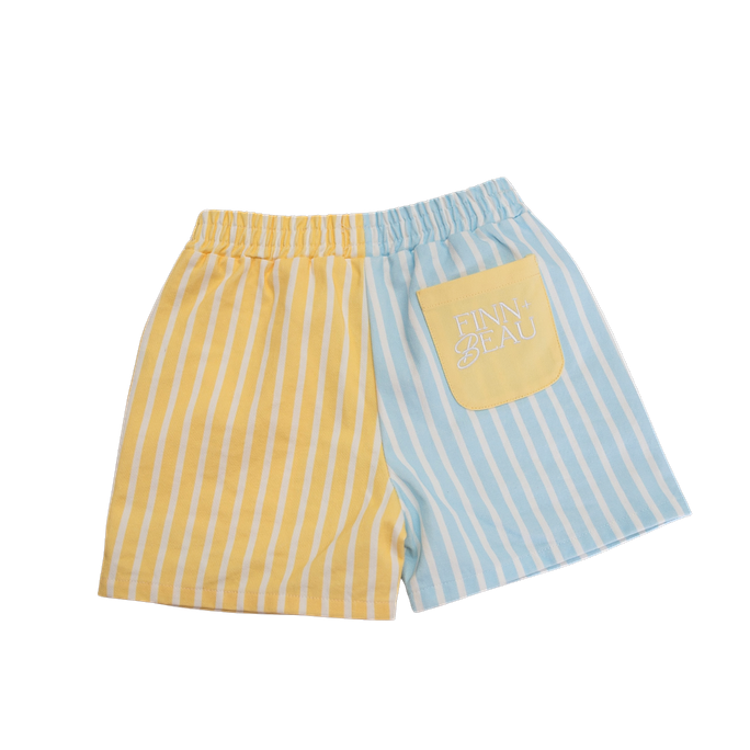 Yellow and blue striped shorts with a pocket on a white background