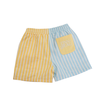 Yellow and blue striped shorts with a pocket on a white background