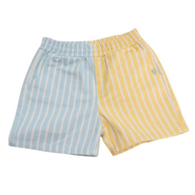 Two pairs of striped shorts, one blue and white, one yellow and white, on a white background.