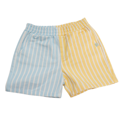 Two pairs of striped shorts, one blue and white, one yellow and white, on a white background.