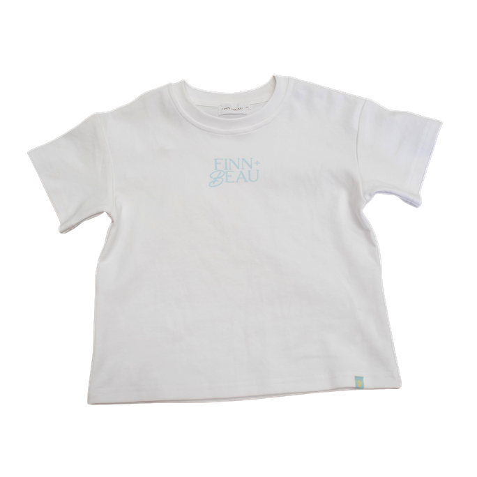 White t-shirt with a small logo on a white background