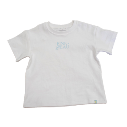 White t-shirt with a small logo on a white background