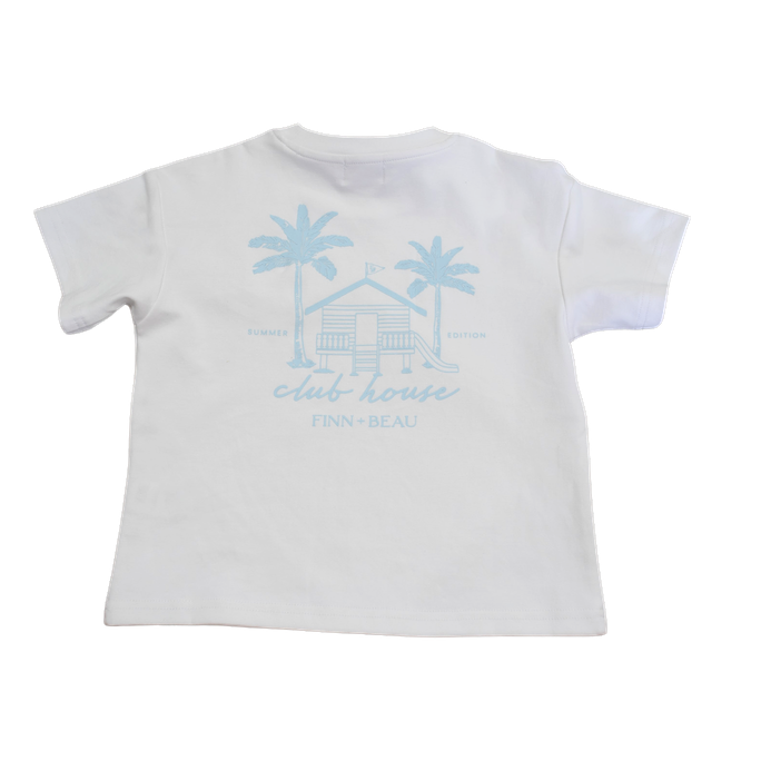 White t-shirt with blue graphic design on a white background