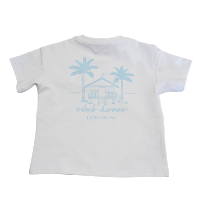 White t-shirt with blue graphic design on a white background